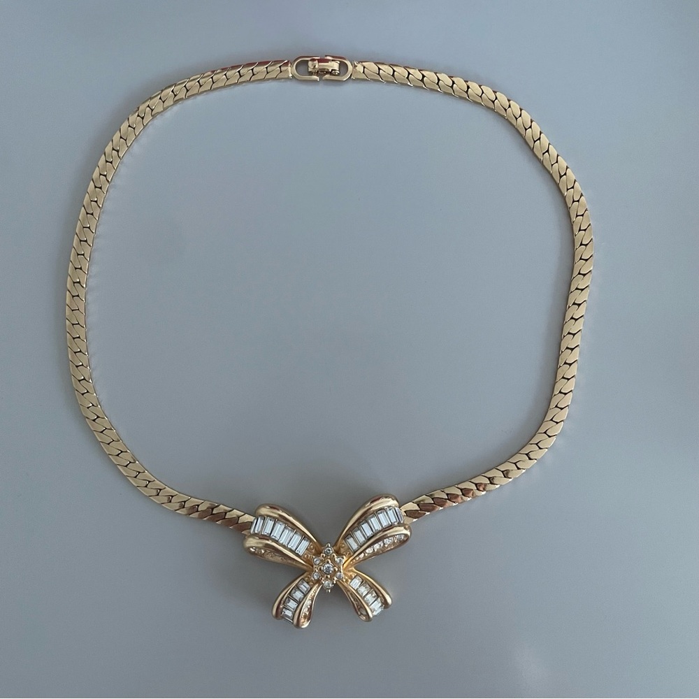 Vintage Christian Dior Gold Bow Crystal Necklace